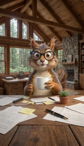 Twitchy the squirrel at his treehouse desk, glasses on, coffee in hand.